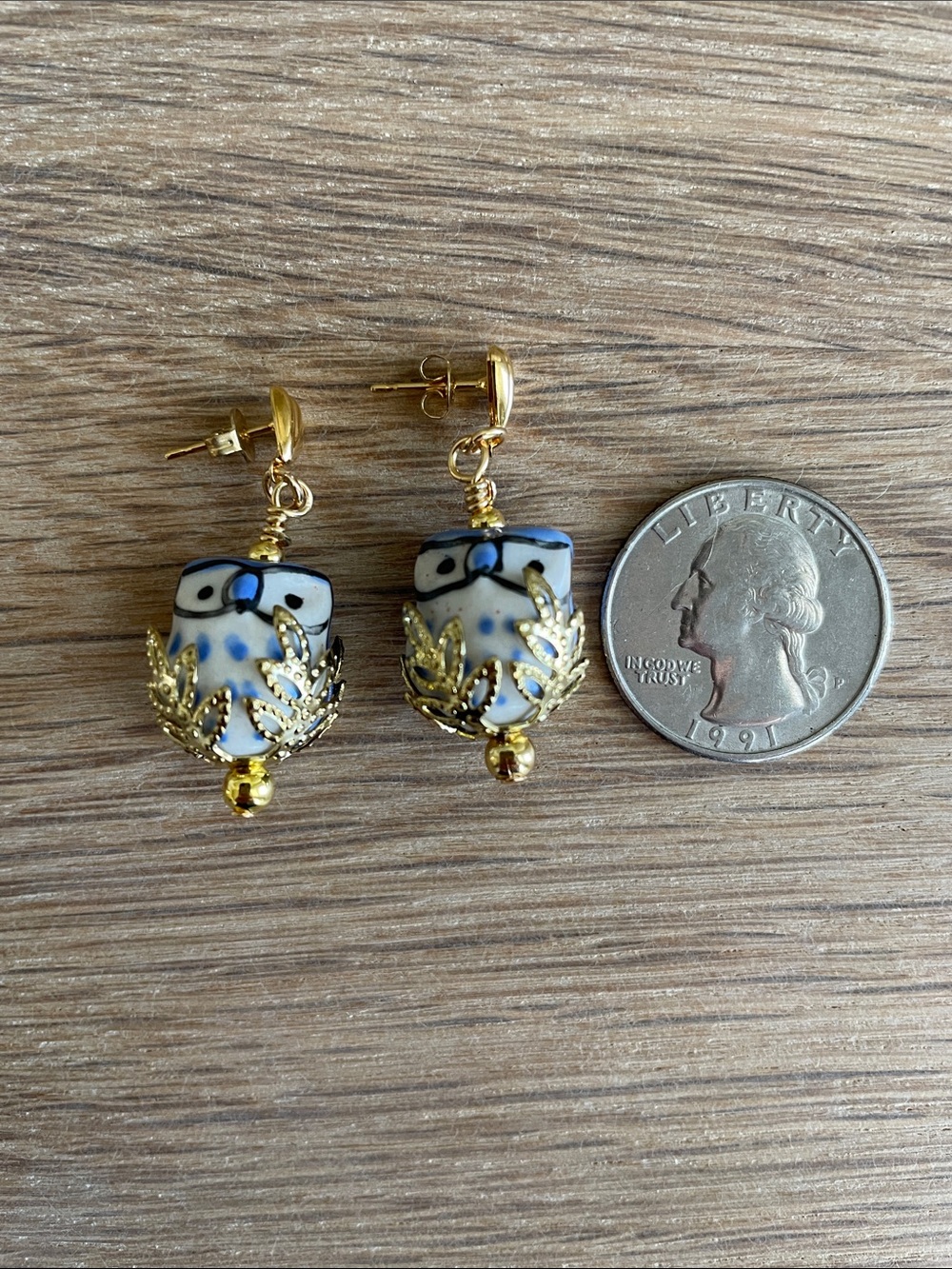 HAND CRAFTED WHIMSICAL CERAMIC BLUE OWL in a NEST EARRINGS Dangle Drop Novelty - Picture 7 of 7